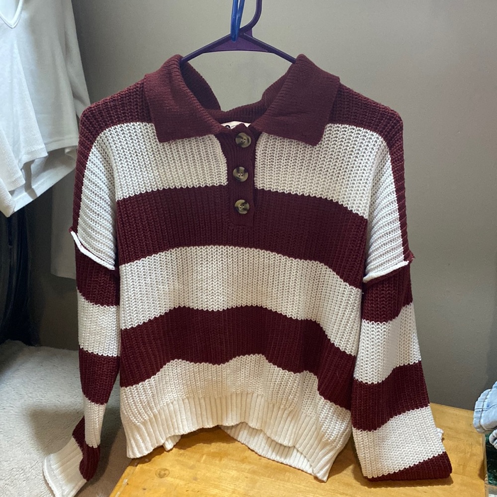 maroon and white sweater, size L, worn once